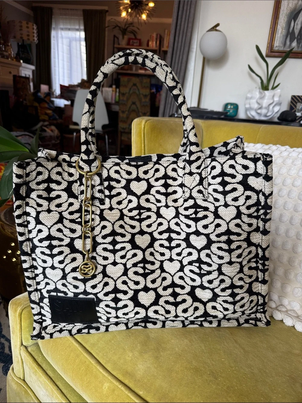 Sandro Black & White Patterned Tote Bag with Gold Chain Accent